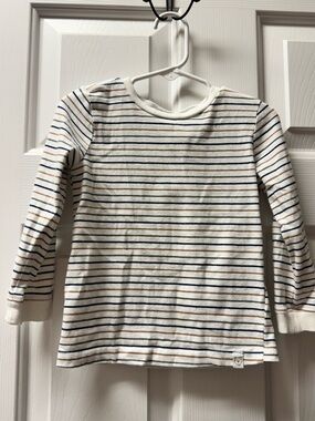 Striped Long-Sleeve Crewneck Tee in Cream with Navy & Tan
